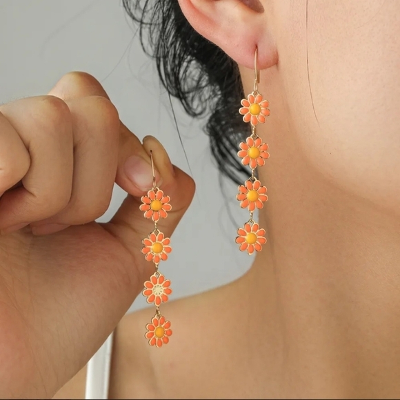 Flower Earrings Copper Drop Orange & Yellow - Picture 1 of 7